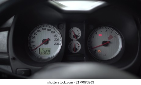 Car Dashboard With Indicators And Gauges. Error Check Engine And Srs.