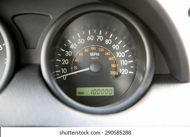 Car Dashboard Odometer Showing 100,000 Miles