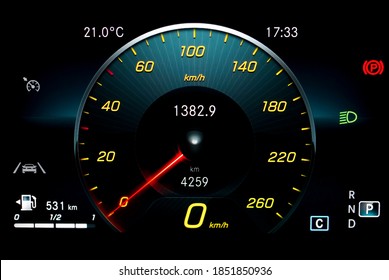 Car dashboard panel including speedometer with red needle, odometer, fuel gauge, lane assist icon, gear position indicator and dipped beam headlights. Modern car digital LCD instrument cluster. 