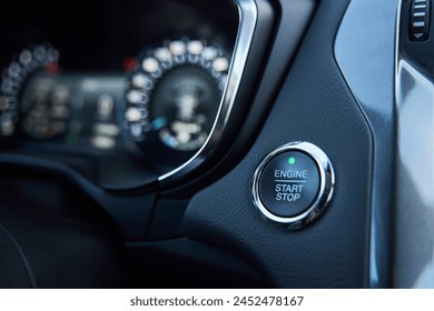 Car dashboard with start engine button on panel. Modern vehicle interior