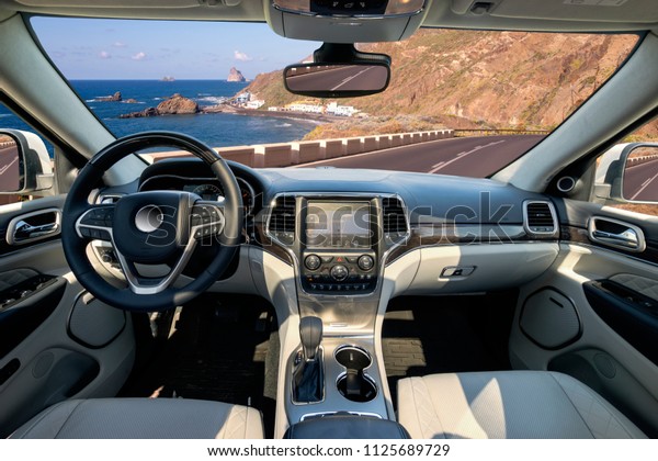 Car Dashboard Steering Wheel Interior Modern Stock Photo