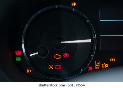 Car dashboard warning lights. Engine start moment. System check.