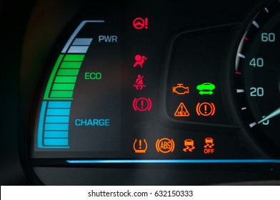 Car dashboard warning lights. Engine start moment. System check. Hybrid car.