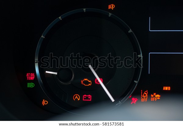 Car dashboard warning lights. Engine start moment.\
System check.