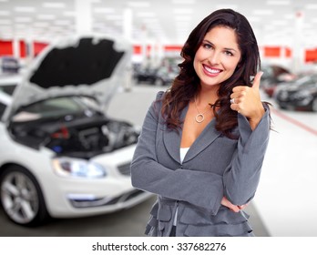 Car Dealer Woman. Auto Dealership And Rental Concept Background.