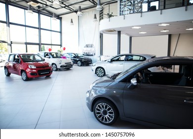 Car Dealership Showroom Interior With Brand New Vehicles For Sale.