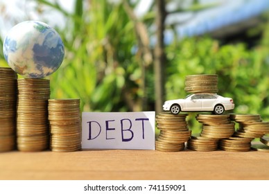 Car Debt Concept, Miniature White Car Carry Coins On Unstable Bend Rolls Money And 