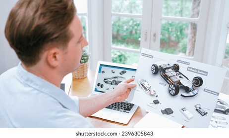 Car design engineer analyze car prototype for automobile business at home office. Automotive engineering designer carefully analyze, finding flaws and improvement for car design with laptop Synchronos - Powered by Shutterstock