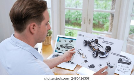 Car design engineer analyze car prototype for automobile business at home office. Automotive engineering designer carefully analyze, finding flaws and improvement for car design with laptop Synchronos - Powered by Shutterstock