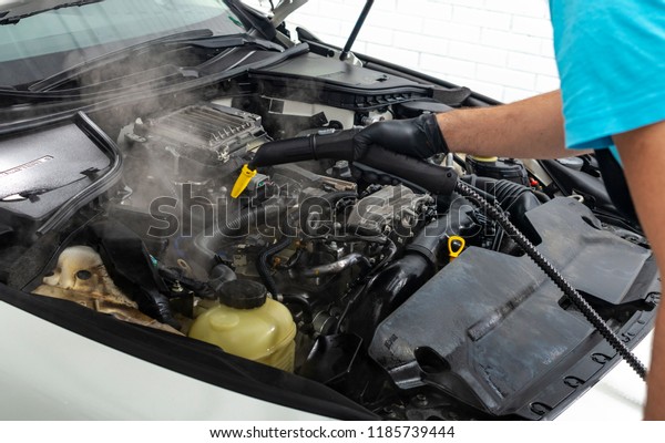 Car detailing maintenance, cleaning\
engine with hot steam, high pressure\
washing
