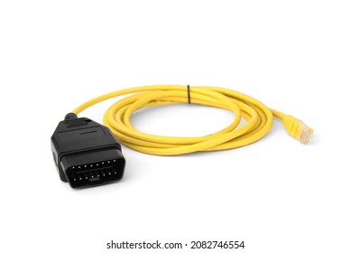 Car diagnostic OBD2 scanner cable isolated on white background.