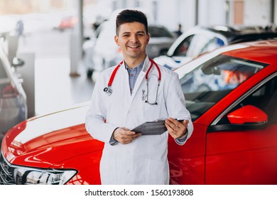 Car Doctor With Stethoscope In A Car Showroom