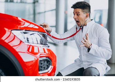 Car Doctor With Stethoscope In A Car Showroom