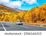 car drive on autumn road in beautiful nature. autumn colors in beautiful mountain road landscape. autumn landscape on the highway in forest. nature trip in fall. Autumn panorama on highway landscape.