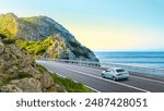 car drive on the coastal road landscape in summer. it