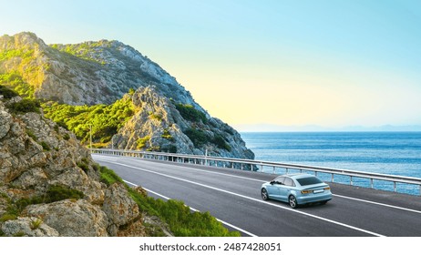 car drive on the coastal road landscape in summer. it's nice to driving on beach side highway. Highway view on the coast on the way to summer vacation. Spain trip on beautiful travel road - Powered by Shutterstock