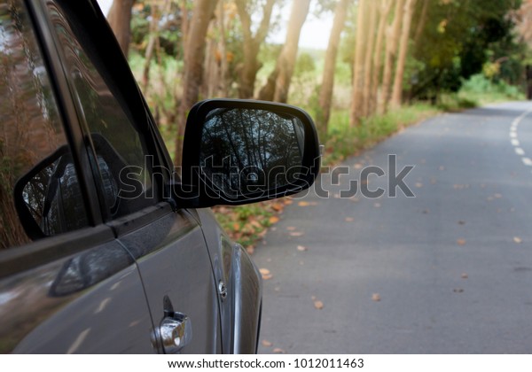 car drive on the road view front of car and mirror\
with nature tree.