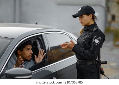 Car Driver Arguing With Traffic Police Woman