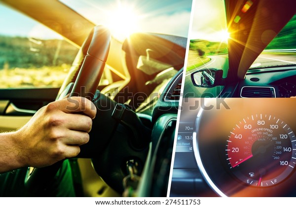 Car and Driver Concept Collage.\
Sunny Road Car Trip. Modern Transportation\
Theme.