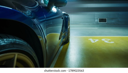 Car Driver Crossing Narrow Spot Parking Strip And Not Keeping Right Distance In Underground Public City Parking. Automotive Concept. Urban Transportation And Infrastructure.