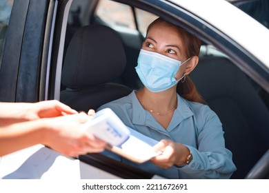 Car Driver, Face Mask And Document Covid Woman Exam Medical Report For Security, Safety And Corona Virus Protection. Paper Form, Girl Worker And Motor Vehicle Pass Covid 19 Healthcare Test Questions