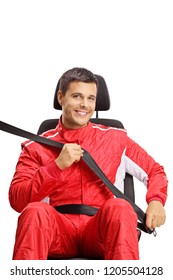 Car Driver Putting A Seat Belt Isolated On White Background