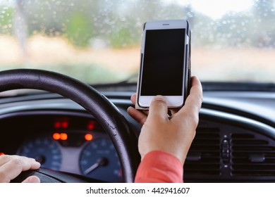 Car Driver Using Smart Phone, Closeup On Hand, Mockup Screen Background