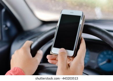 Car Driver Using Smart Phone, Closeup On Hand, Mockup Screen Background