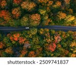 Car Drives on Beautiful Forest Road Aerial Birds Eye View Drone Show in New England in Autumn. Fall Foliage Colorful Scenic Drives Tourism Vacation