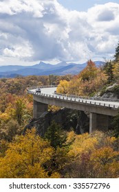 Car Drives Over Linn Cove Viaduct, Blue Ridge Parkway In The Fall, NC