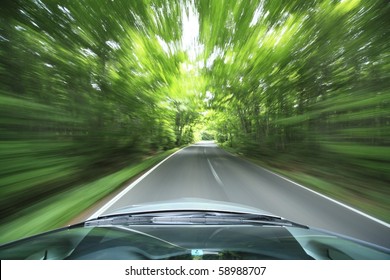 Car Driving Fast Into Forest