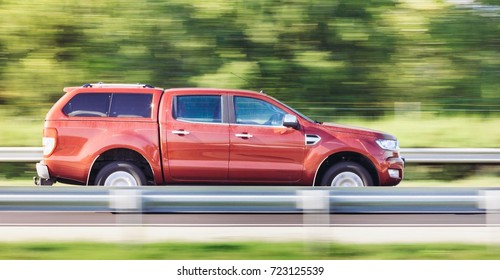 Car Driving Fast Motion On Highway Side View