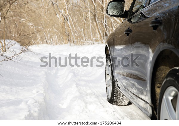 car driving in forest\
with much snow