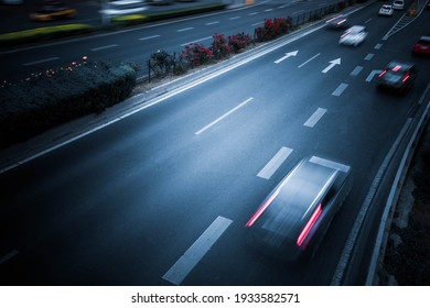 Car Driving On City Road, High Angle View, Shanghai China