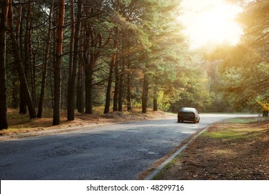 Car Driving On Forest Road And Sun Beams