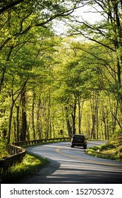 A Car Driving On A Two Lane Road In The Forest