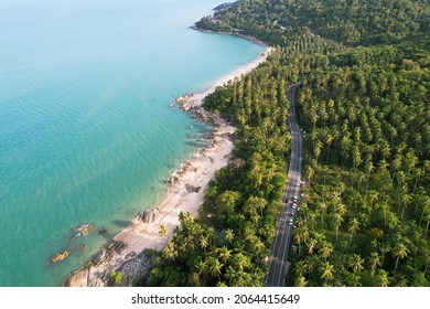 Car Driving Seaside Road Trips On Holiday.Top View Drone Urban Street Road Seaside During Sunset.  Aerial Most Important Beach Travel Summer Famous Landmark Phuket, Thailand. Copy Space 2022.