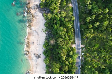 Car driving tropical beach road trips holiday. Top view drone urban street road seaside during sunset. Most green coconut trees wood summer famous landmark in Phuket,Thailand. copy space 2022 - Shutterstock ID 2066328449