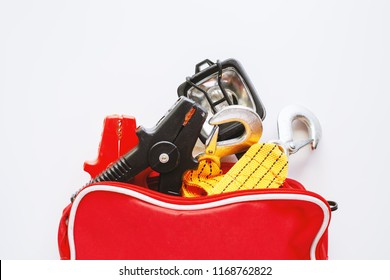 Car Emergency Kit On White Background For Vehicle And Transportation Concept