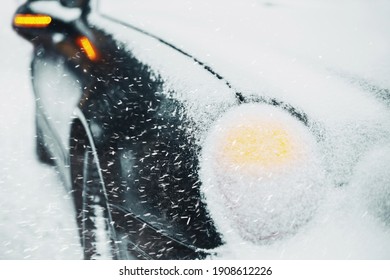 Car Emergency Situation Hazard Warning Lights On Bad Winter Weather Severe Blizzard And Frost