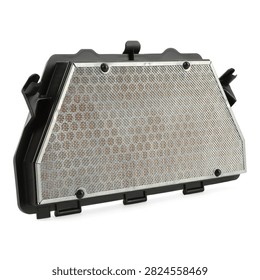 Car engine air filter panel with metal mesh isolated on white background