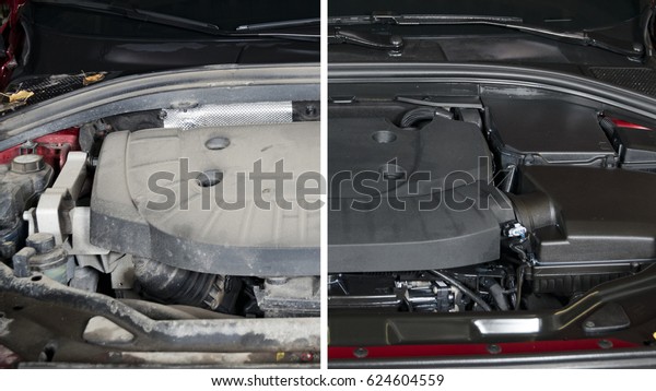 Car engine, before and\
after cleaning maintenance, half divided picture, before and after\
effect.
