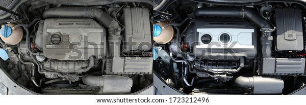  car engine before and after\
washing, collage. motor of the car before and after\
cleaning