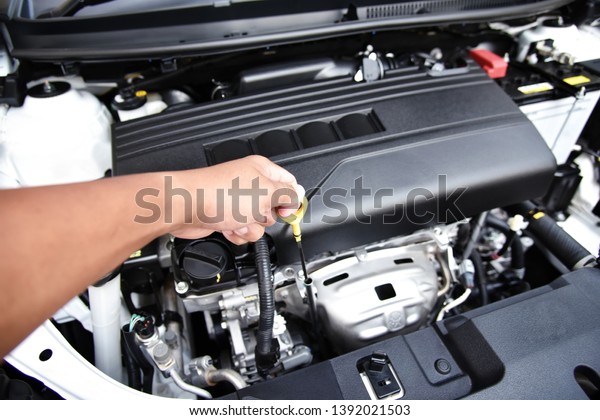 car engine close up detail of new motor mechanic.\
Concept of checking and maintaining the engine of the new car.\
Selected focus