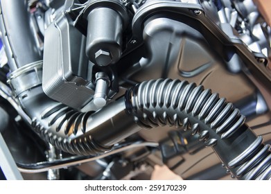 Car Engine, Concept Of Modern Automobile Motor With Metal, Chrome, Plastic Parts