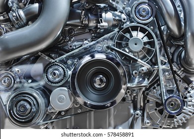 Car Engine, Concept Of Modern Vehicle Motor With Metal, Chrome, Plastic Parts, Heavy Industry