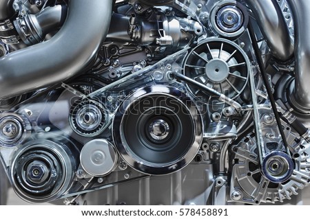 Car engine, concept of modern vehicle motor with metal, chrome, plastic parts, heavy industry