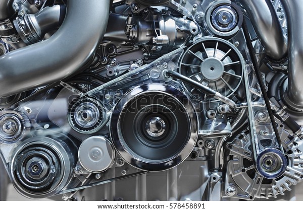 Car engine, concept of modern\
vehicle motor with metal, chrome, plastic parts, heavy\
industry