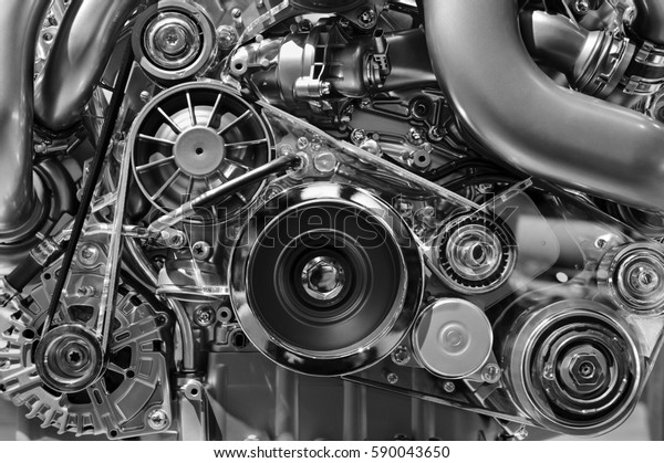 Car engine, concept of\
modern vehicle motor with metal, chrome, plastic parts, heavy\
industry, monochrome 