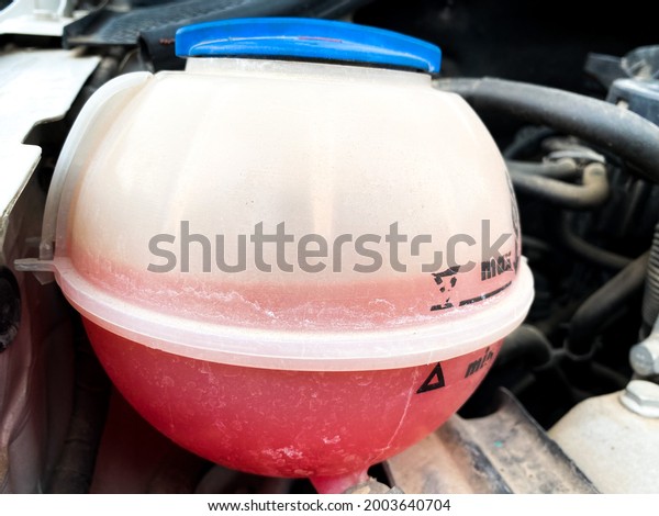 Car\
engine Coolant reservoir tank on the garage close\
up